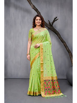 Sangam Prints - Green Cotton Blend Woven Zari Saree with Unstitched Blouse
