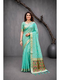 Sangam Prints - Teal Cotton Blend Woven Zari Saree with Unstitched Blouse