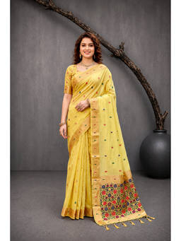 Sangam Prints - Yellow Cotton Blend Woven Zari Saree with Unstitched Blouse
