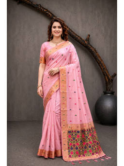 Sangam Prints - Pink Cotton Blend Woven Zari Saree with Unstitched Blouse