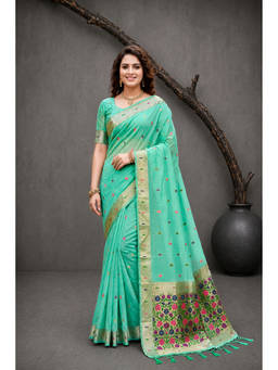 Sangam Prints - Teal Cotton Blend Woven Zari Saree with Unstitched Blouse