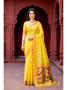 Sangam Prints - Yellow Cotton Blend Woven Zari Saree with Unstitched Blouse