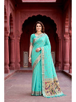 Sangam Prints - Aqua Cotton Blend Woven Zari Saree with Unstitched Blouse