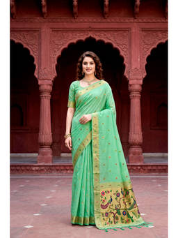Sangam Prints - Aqua Cotton Blend Woven Zari Saree with Unstitched Blouse