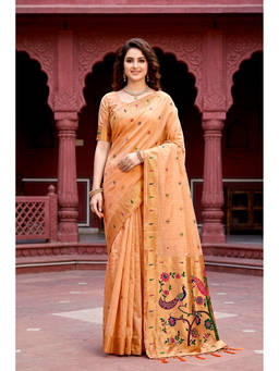 Sangam Prints - Peach Cotton Blend Woven Zari Saree with Unstitched Blouse