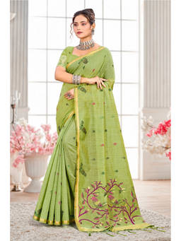 Sangam Prints - Green Cotton Blend Woven Zari Saree with Unstitched Blouse