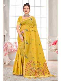 Sangam Prints - Yellow Cotton Blend Woven Zari Saree with Unstitched Blouse