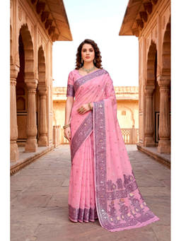 Sangam Prints - Pink Cotton Blend Woven Zari Saree with Unstitched Blouse