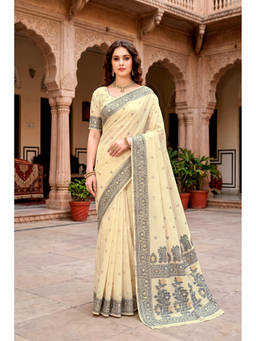 Sangam Prints - Cream Cotton Blend Woven Zari Saree with Unstitched Blouse