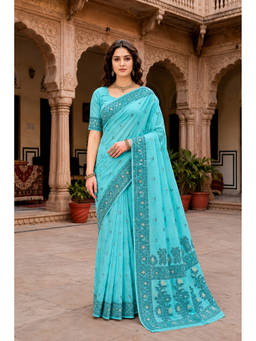 Sangam Prints - Teal Cotton Blend Woven Zari Saree with Unstitched Blouse