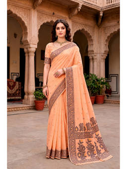 Sangam Prints - Peach Cotton Blend Woven Zari Saree with Unstitched Blouse