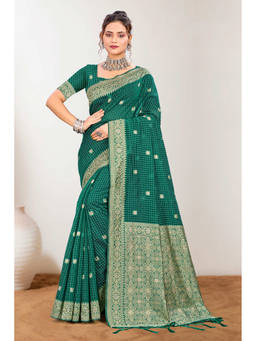 Sangam Prints - Green Cotton Blend Woven Zari Saree with Unstitched Blouse