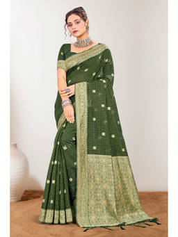 Sangam Prints - Green Cotton Blend Woven Zari Saree with Unstitched Blouse