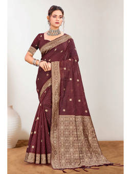 Sangam Prints - Maroon Cotton Blend Woven Zari Saree with Unstitched Blouse