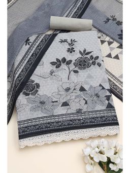 Soch - Women's Grey Linen Floral Kantha Embroidery Unstitched Top & Bottom With Dupatta