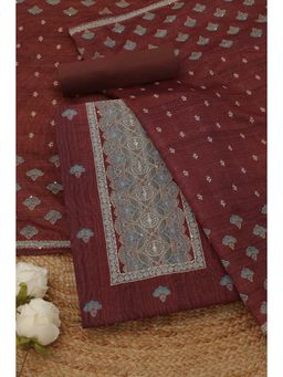 Soch - Women's Rust Chanderi Floral Kantha Embroidery Unstitched Top & Bottom With Dupatta