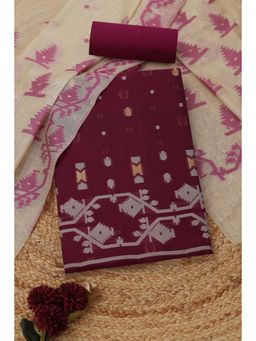 Soch - Women's Burgundy Chanderi Woven Design Unstitched Top & Bottom With Dupatta