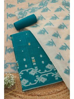 Soch - Women's Turquoise Blue Chanderi Woven Design Unstitched Top & Bottom With Dupatta