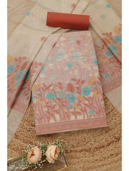 Soch - Women's Beige Chanderi Woven Design Unstitched Top & Bottom With Dupatta