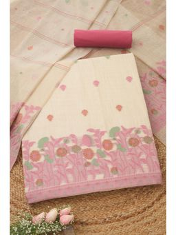 Soch - Women's Beige Chanderi Woven Design Unstitched Top & Bottom With Dupatta