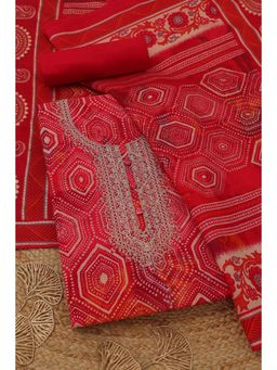 Soch - Women's Red Modal Silk Bandhani Zari Unstitched Top & Bottom With Dupatta