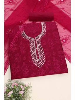Soch - Women's Fuchsia Chanderi Floral Bead Stone work Unstitched Top & Bottom With Dupatta