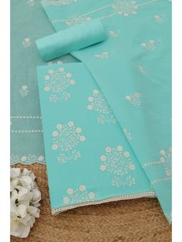 Soch - Women's Blue Mul Chanderi Floral Embroidery Unstitched Top & Bottom With Dupatta