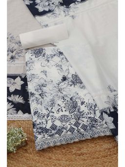 Soch - Women's White Cotton Floral Embroidery Unstitched Top & Bottom With Dupatta