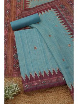 Soch - Women's Powder Blue Linen Ethnic Motifs Unstitched Top & Bottom With Dupatta