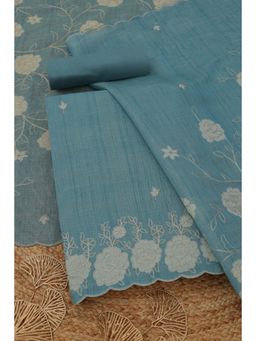Soch - Women's Blue Linen Floral Zari Embroidery Work Unstitched Top & Bottom With Dupatta