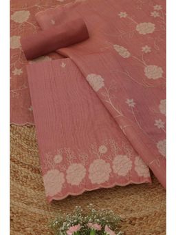 Soch - Women's Pink Linen Floral Zari Embroidery Work Unstitched Top & Bottom With Dupatta