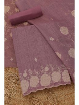 Soch - Women's Lavender Linen Floral Zari Embroidery Work Unstitched Top & Bottom With Dupatta