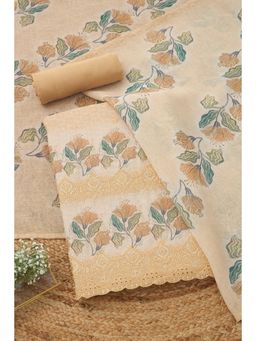 Soch - Women's Light Yellow Linen Floral Embroidery Unstitched Top & Bottom With Dupatta
