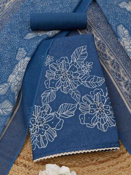 Soch - Women's Navy Blue Linen Floral French Knot Sequin Unstitched Top & Bottom With Dupatta
