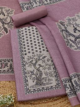 Soch - Women's Lavender Art Silk Madhubani French Knot Unstitched Top & Bottom With Dupatta