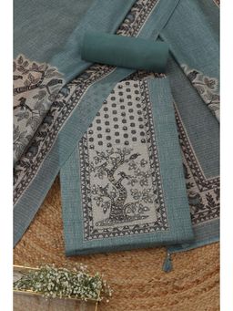 Soch - Women's Teal Art Silk Madhubani French Knot Sequin Unstitched Top & Bottom With Dupatta