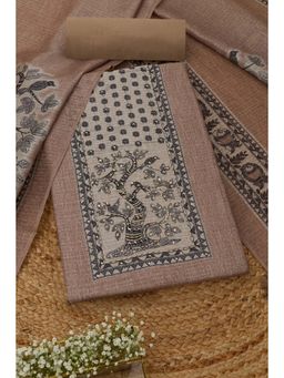 Soch - Women's Beige Art Silk Madhubani French Knot Sequin Unstitched Top & Bottom With Dupatta