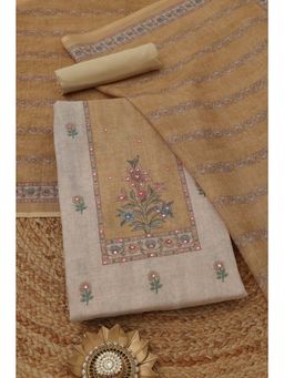 Soch - Women's Yellow Linen Floral Faux Mirror Unstitched Top & Bottom With Dupatta