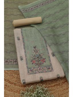 Soch - Women's Green Linen Floral Faux Mirror Unstitched Top & Bottom With Dupatta