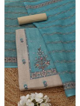 Soch - Women's Blue Linen Floral Faux Mirror Unstitched Top & Bottom With Dupatta