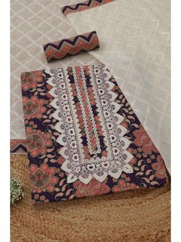 Soch - Women's Navy Blue Cotton Floral Lace Details Unstitched Top & Bottom With Dupatta