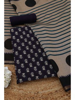 Soch - Women's Navy Blue Maheshwari Silk Floral Unstitched Top & Bottom With Dupatta