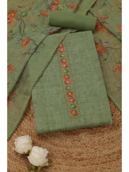 Soch - Women's Green Linen Floral French Unstitched Top & Bottom With Dupatta