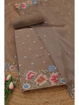 Soch - Women's Beige Tissue Shimmer Floral Embroidery Unstitched Top & Bottom With Dupatta
