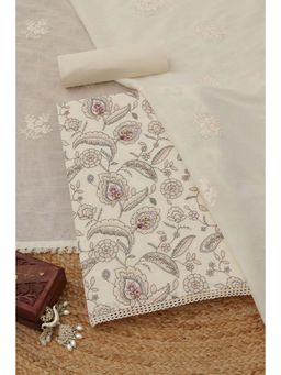 Soch - Women's Cream Cotton Floral Embroidery Unstitched Top & Bottom With Dupatta