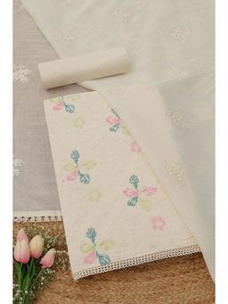 Soch - Women's Cream Cotton Floral Embroidery Unstitched Top & Bottom With Dupatta