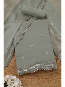 Soch - Women's Grey Glass Tissue Embellished Cutdana Unstitched Top & Bottom With Dupatta