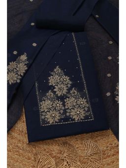 Soch - Women's Navy Blue Chanderi Floral Zari Sequins Unstitched Top & Bottom With Dupatta