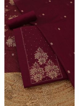 Soch - Women's Wine Chanderi Floral Zari Woven Unstitched Top & Bottom With Dupatta