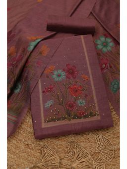 Soch - Women's Onion Pink Chanderi Floral Kantha Embroidery Unstitched Top & Bottom With Dupatta